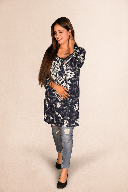 Lucknowi Chikankari Black 'Siah' Printed Rayon Short Kurti-T000003