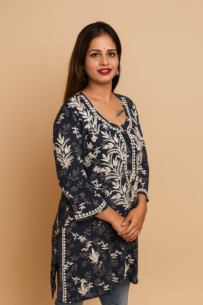Lucknowi Chikankari Black 'Siah' Printed Rayon Short Kurti-T000003