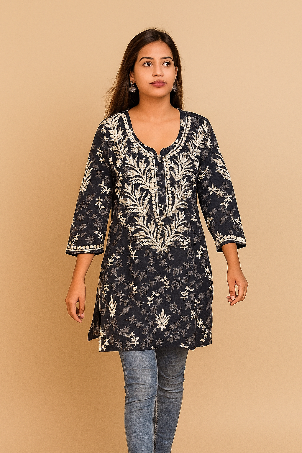 Lucknowi Chikankari Black 'Siah' Printed Rayon Short Kurti-T000003