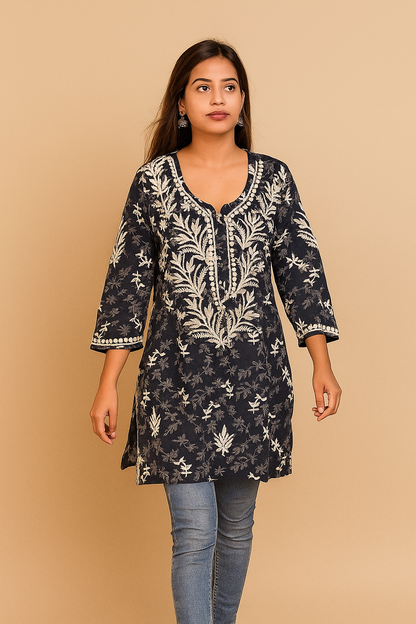 Lucknowi Chikankari Black 'Siah' Printed Rayon Short Kurti-T000003