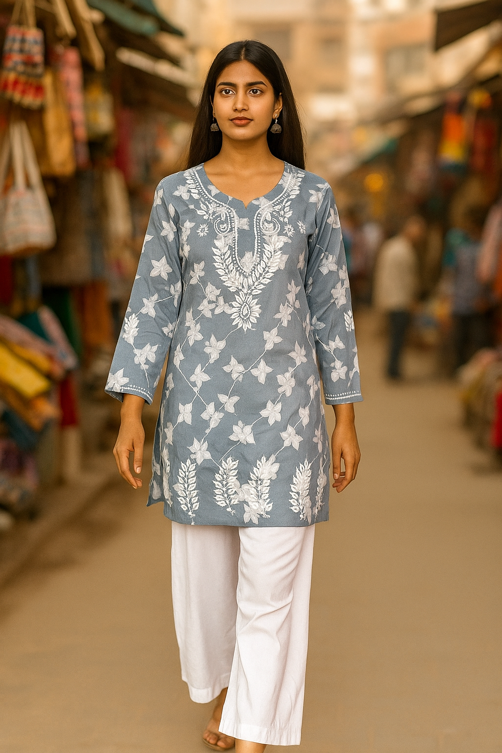 Lucknowi Chikankari Grey 'Dhoondhla' Printed Cotton Short Kurti-T000004