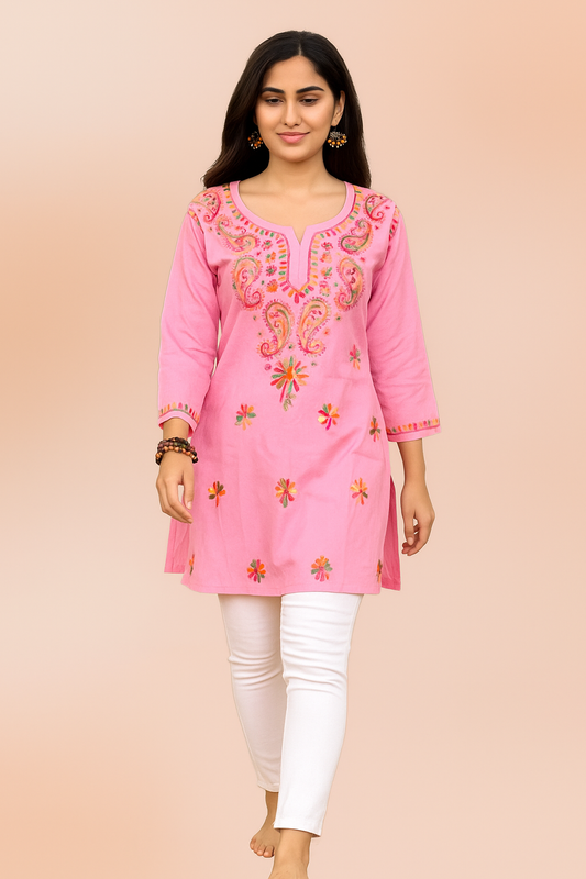 Lucknowi Chikankari Pink Cotton Short Kurti-T000009