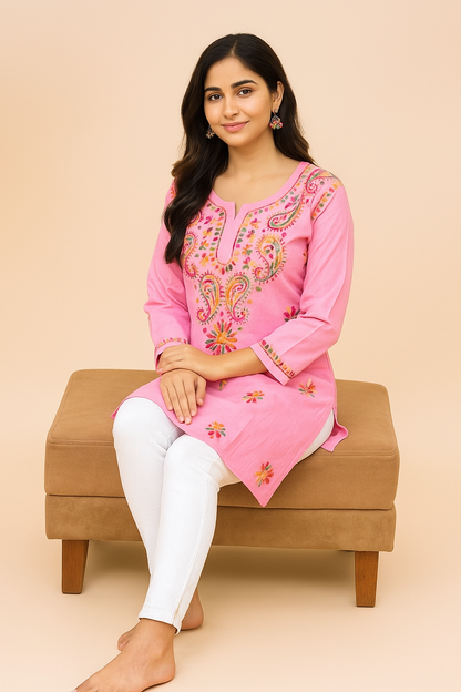 Lucknowi Chikankari Pink Cotton Short Kurti-T000009