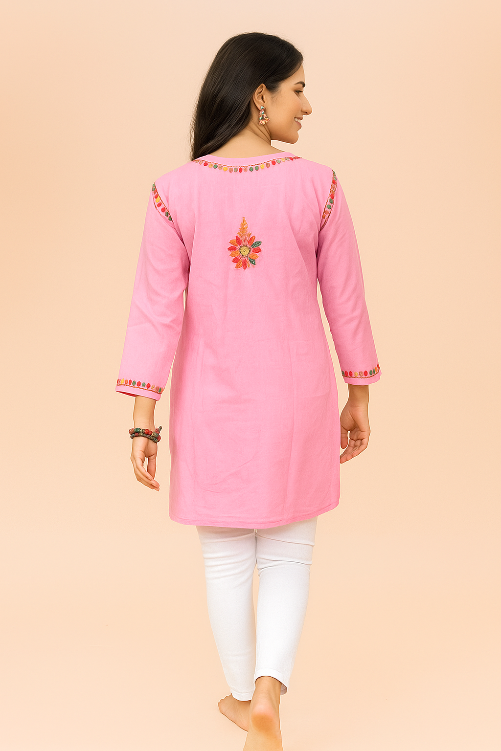 Lucknowi Chikankari Pink Cotton Short Kurti-T000009