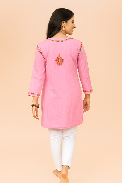 Lucknowi Chikankari Pink Cotton Short Kurti-T000009