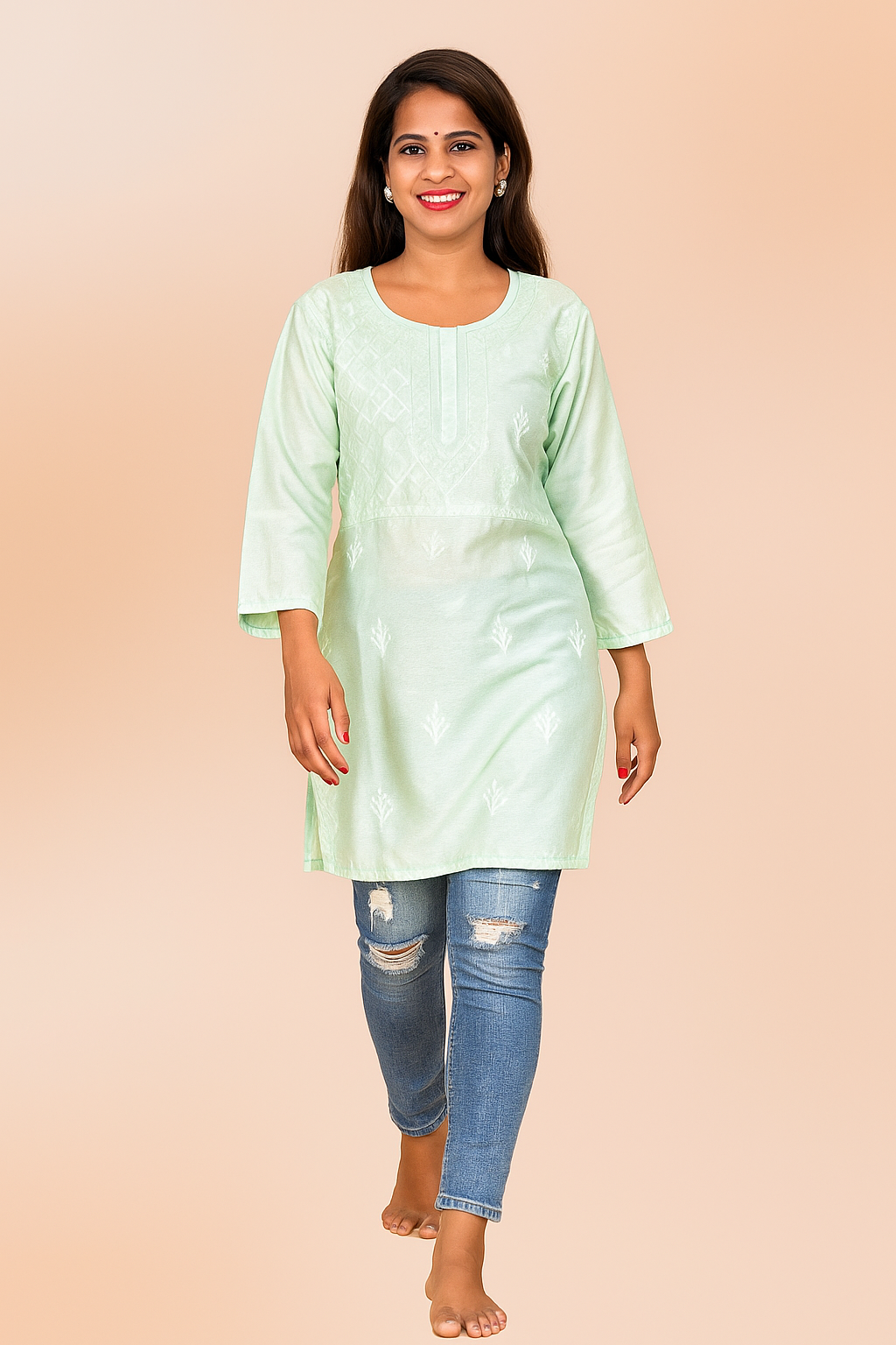 Lucknowi Chikankari Pista Green 'Bahar' Chanderi Short Kurti-T000010