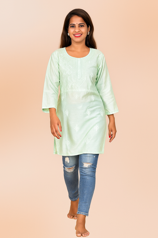 Lucknowi Chikankari Pista Green 'Bahar' Chanderi Short Kurti-T000010