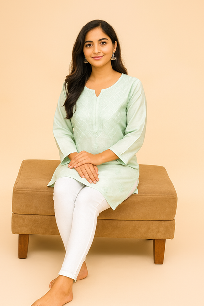 Lucknowi Chikankari Pista Green 'Bahar' Chanderi Short Kurti-T000010