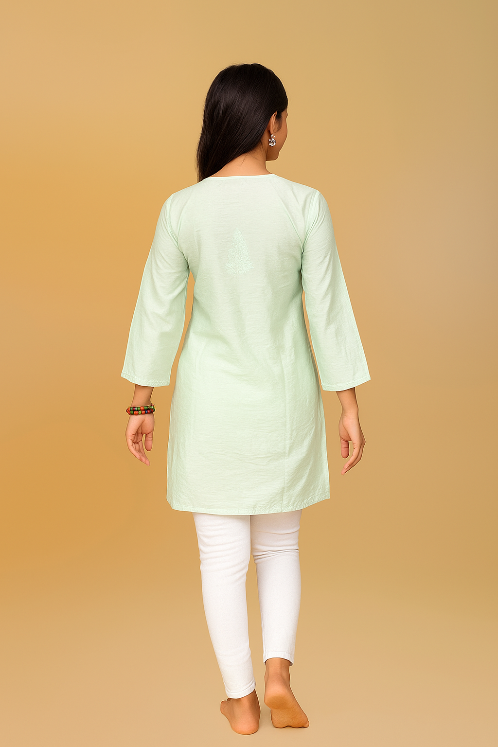 Lucknowi Chikankari Pista Green 'Bahar' Chanderi Short Kurti-T000010