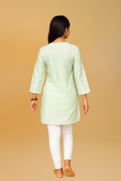 Lucknowi Chikankari Pista Green 'Bahar' Chanderi Short Kurti-T000010