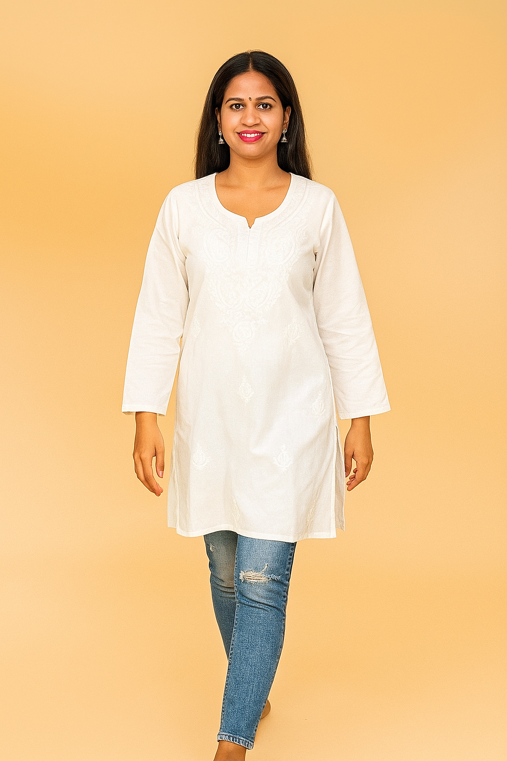 Lucknowi Chikankari White 'Ujala' Cotton Short Kurti-T000011