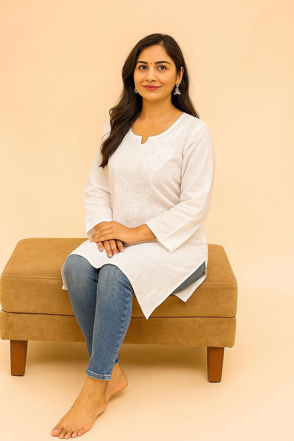 Lucknowi Chikankari White 'Ujala' Cotton Short Kurti-T000011