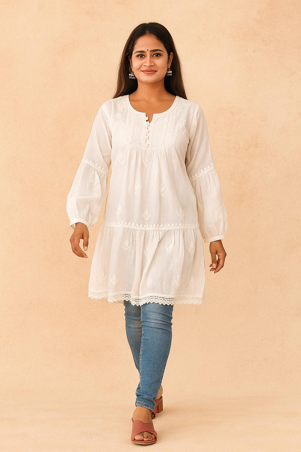 Lucknowi Chikankari White 'Ujaala' Muslin Short Kurti-T000012