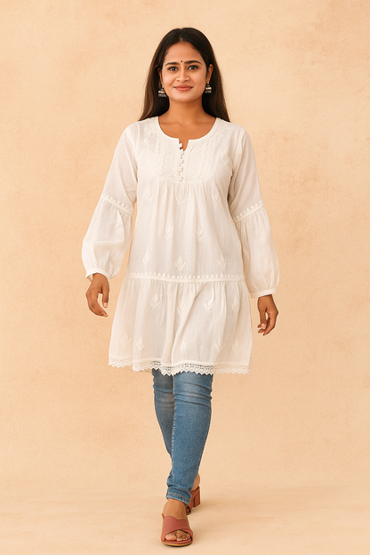 Lucknowi Chikankari White 'Ujaala' Muslin Short Kurti-T000012