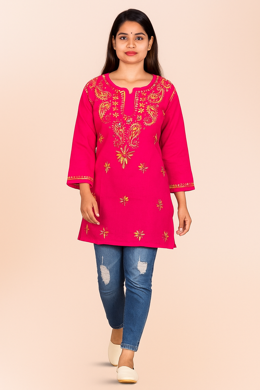 Lucknowi Chikankari Magenta 'Shagufta' Cotton Short Kurti-T000005