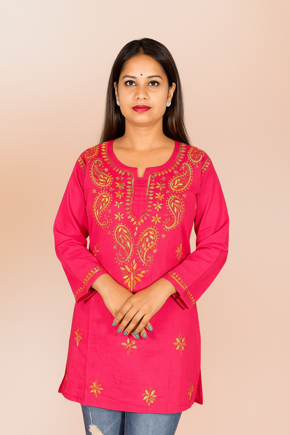 Lucknowi Chikankari Magenta 'Shagufta' Cotton Short Kurti-T000005