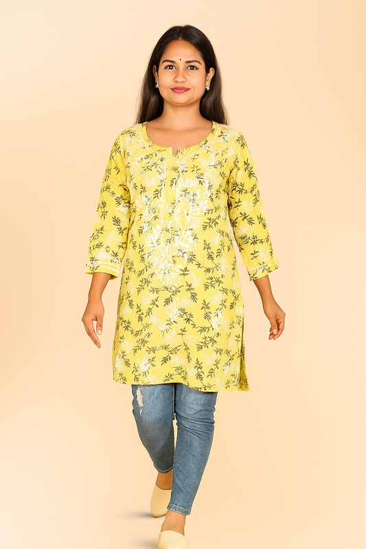 Lucknowi Chikankari Yellow 'Sunehri' Printed Rayon Short Kurti-T000006