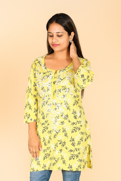 Lucknowi Chikankari Yellow 'Sunehri' Printed Rayon Short Kurti-T000006