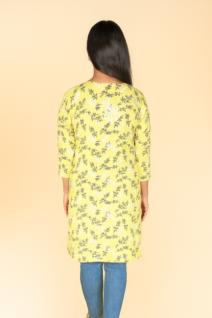 Lucknowi Chikankari Yellow 'Sunehri' Printed Rayon Short Kurti-T000006
