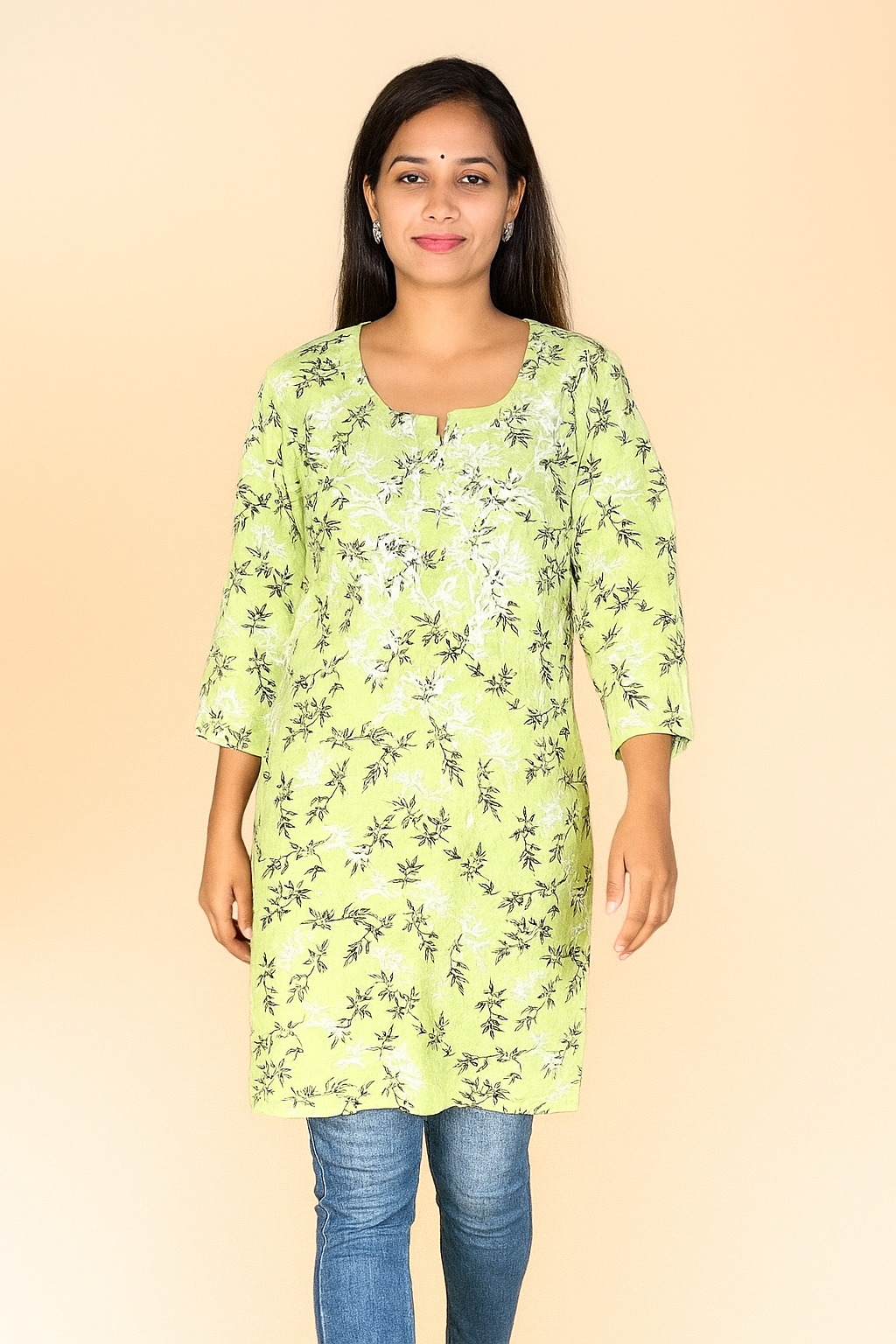 Lucknowi Chikankari Light Pista Green 'Bahar' Printed Rayon Short Kurti-T000007