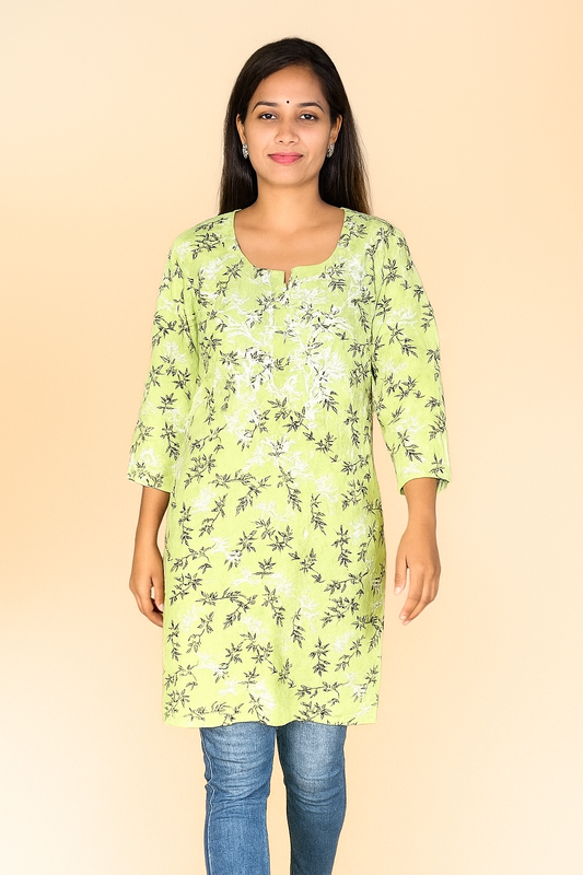 Lucknowi Chikankari Light Pista Green 'Bahar' Printed Rayon Short Kurti-T000007