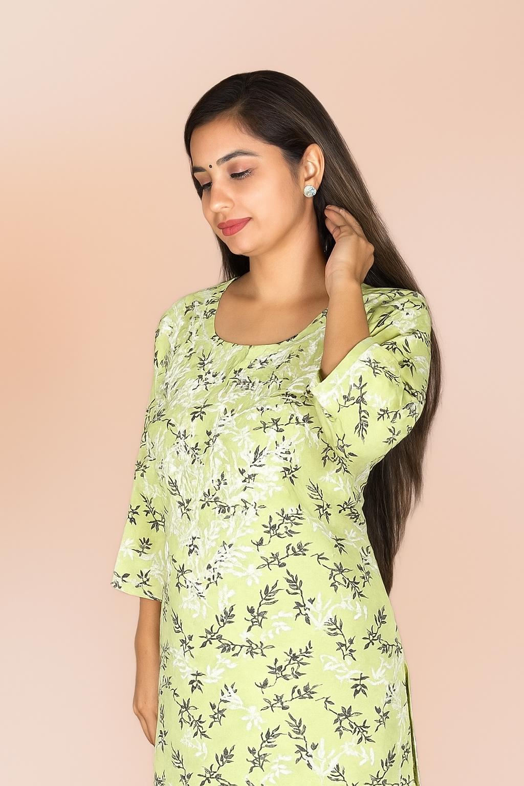Lucknowi Chikankari Light Pista Green 'Bahar' Printed Rayon Short Kurti-T000007