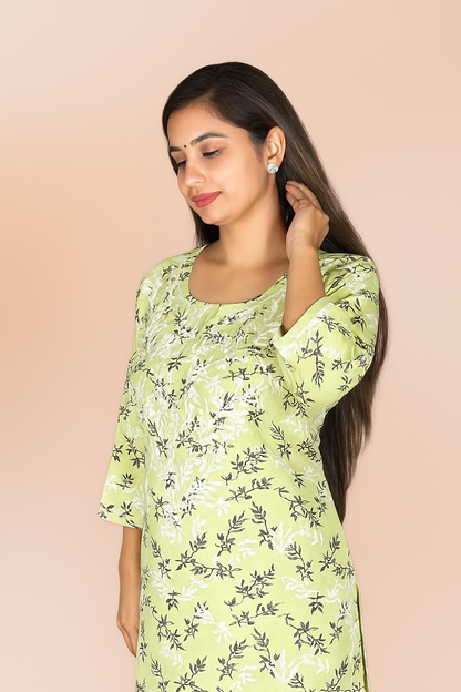 Lucknowi Chikankari Light Pista Green 'Bahar' Printed Rayon Short Kurti-T000007