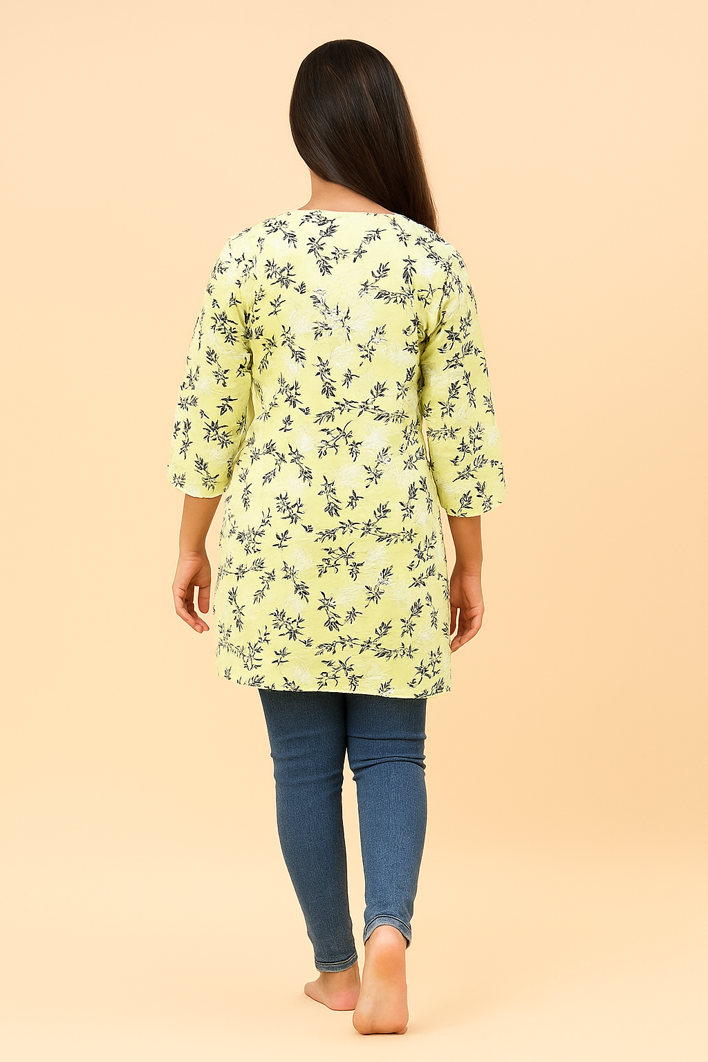 Lucknowi Chikankari Light Pista Green 'Bahar' Printed Rayon Short Kurti-T000007