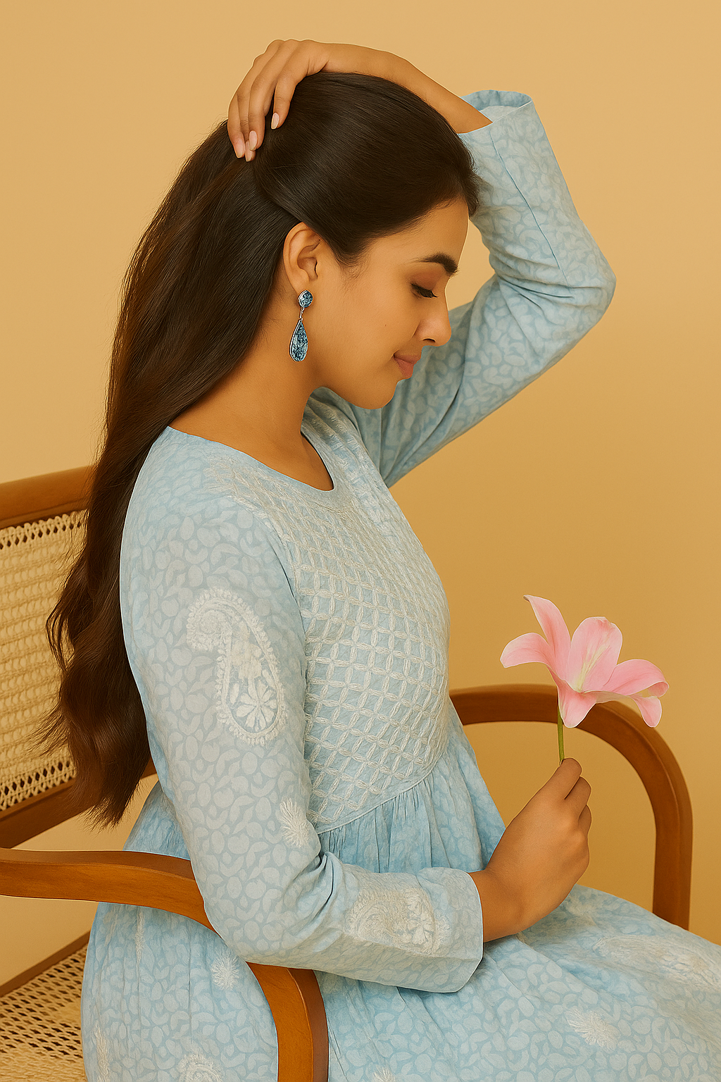 Lucknowi Chikankari Sky Blue 'Aab-e-Asmaan' Printed Cotton Short Kurti-T000017