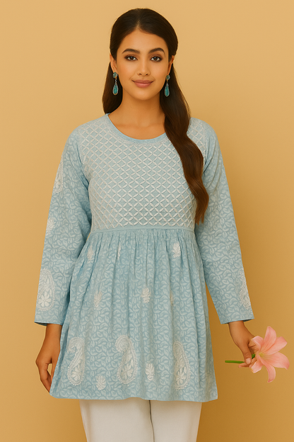 Lucknowi Chikankari Sky Blue 'Aab-e-Asmaan' Printed Cotton Short Kurti-T000017
