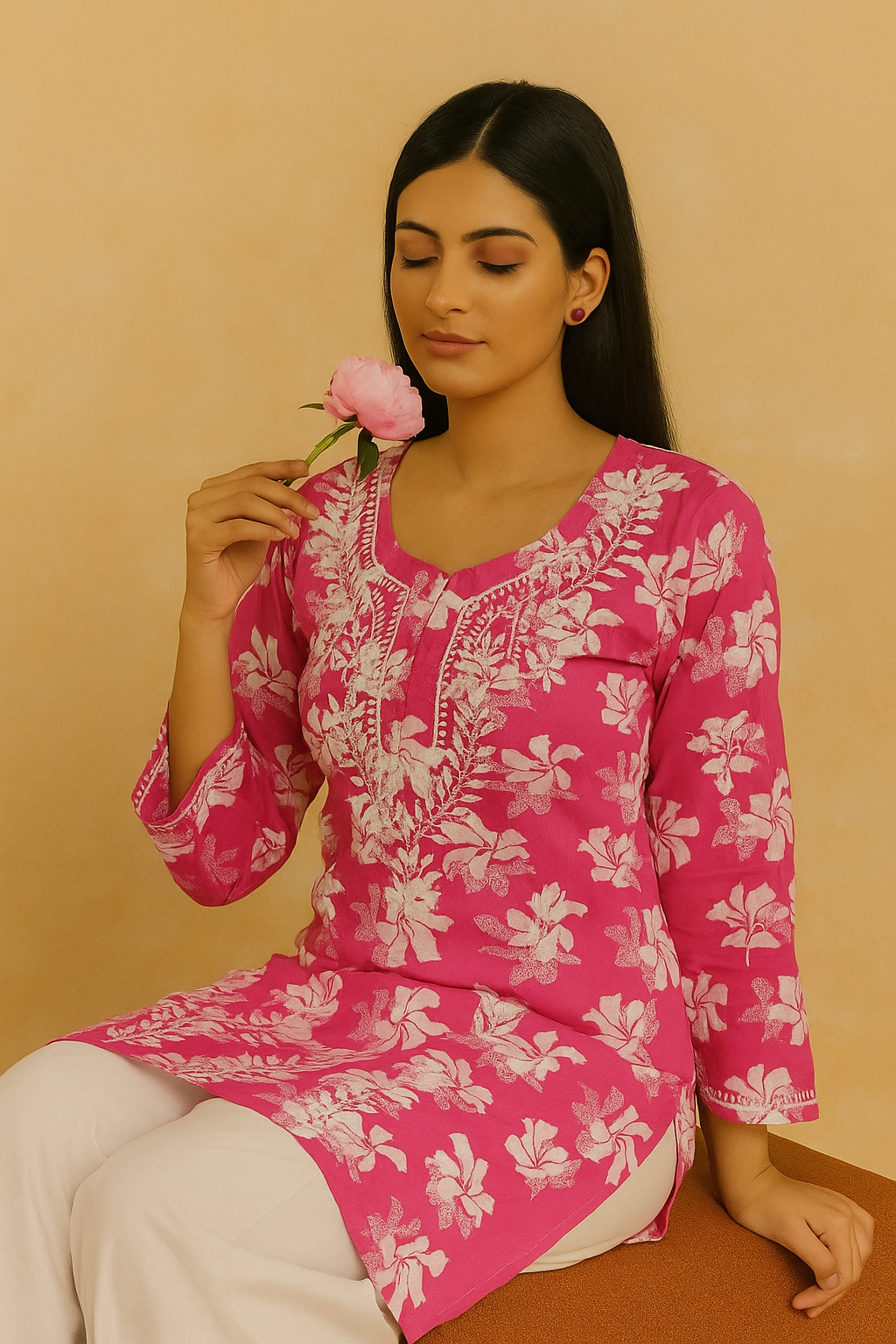 Lucknowi Chikankari Pink 'Shagufta' Printed Cotton Short Kurti-T000018