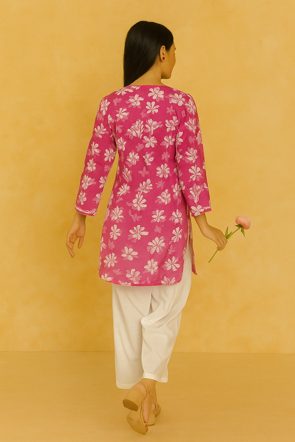 Lucknowi Chikankari Pink 'Shagufta' Printed Cotton Short Kurti-T000018