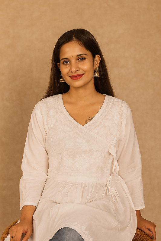 Lucknowi Chikankari White Cotton 'Ujaala' Angrakha Style Short Kurti-T000013