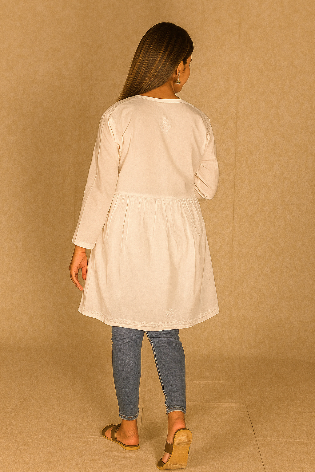 Lucknowi Chikankari White Cotton 'Ujaala' Angrakha Style Short Kurti-T000013