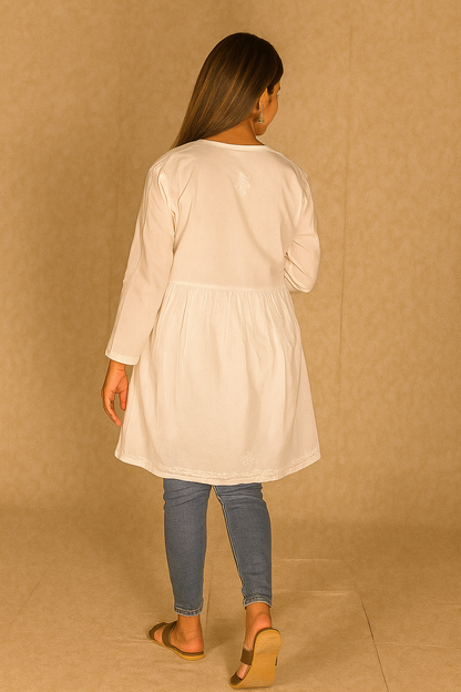 Lucknowi Chikankari White Cotton 'Ujaala' Angrakha Style Short Kurti-T000013