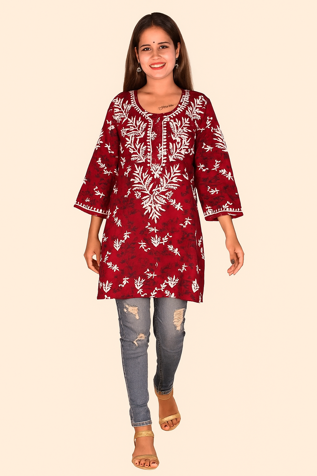 Lucknowi Chikankari Maroon 'Surkh' Printed Rayon Short Kurti-T000014