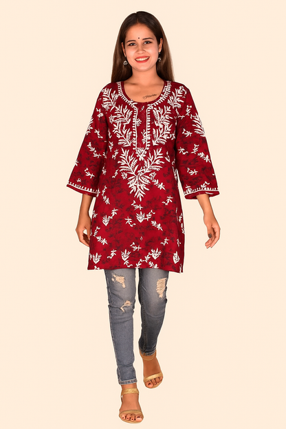 Lucknowi Chikankari Maroon 'Surkh' Printed Rayon Short Kurti-T000014