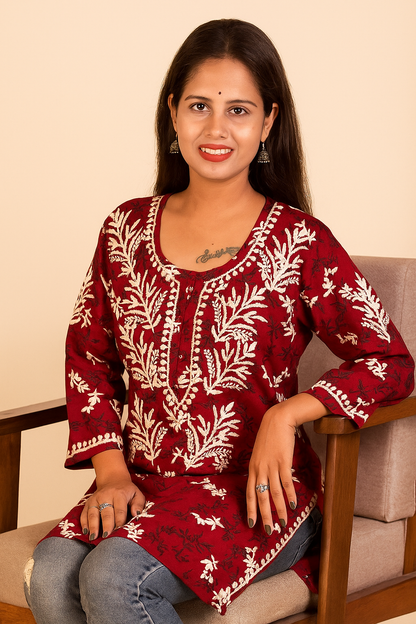 Lucknowi Chikankari Maroon 'Surkh' Printed Rayon Short Kurti-T000014
