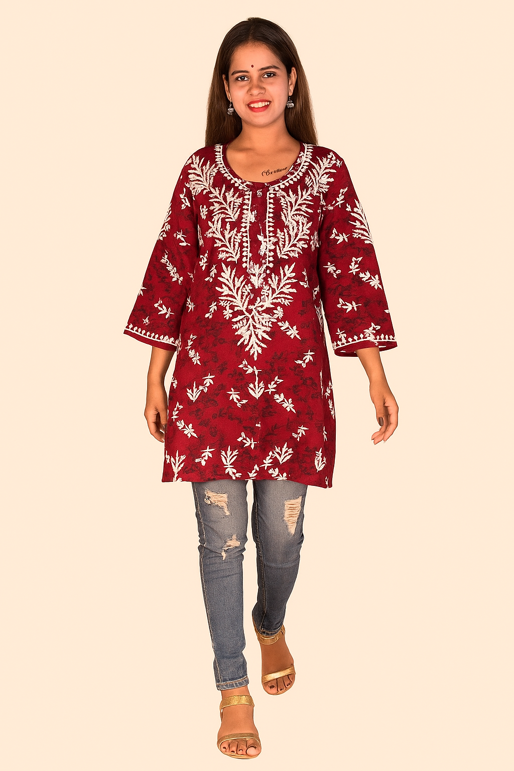 Lucknowi Chikankari Maroon 'Surkh' Printed Rayon Short Kurti-T000014