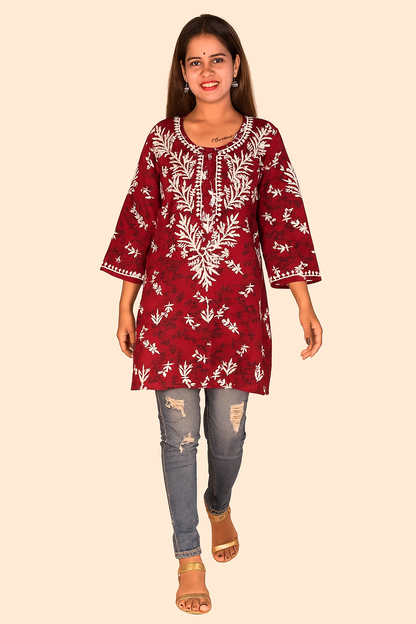 Lucknowi Chikankari Maroon 'Surkh' Printed Rayon Short Kurti-T000014