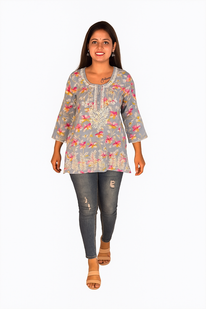 Lucknowi Chikankari Grey 'Dhoondhla' Printed Cotton Short Kurti-T000015