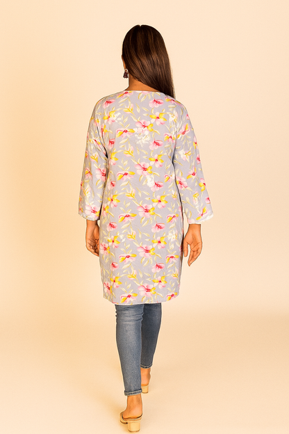 Lucknowi Chikankari Grey 'Dhoondhla' Printed Cotton Short Kurti-T000015