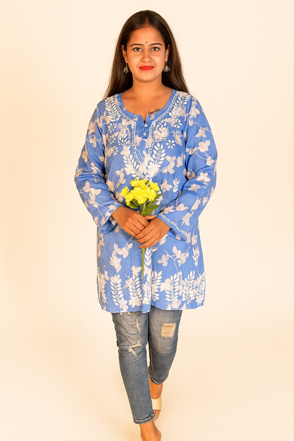 Lucknowi Chikankari Blue 'Aab-e-Asmaan' Printed Cotton Short Kurti-T000016