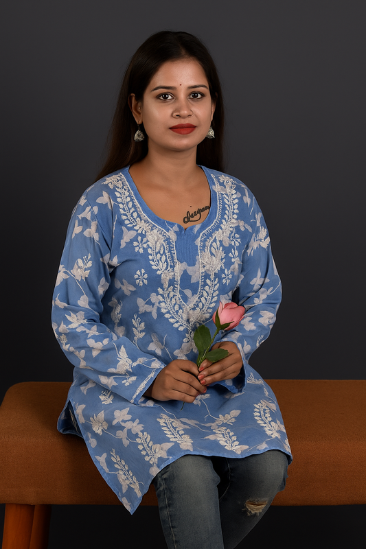 Lucknowi Chikankari Blue 'Aab-e-Asmaan' Printed Cotton Short Kurti-T000016