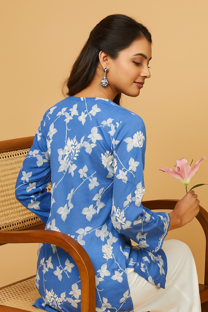 Lucknowi Chikankari Blue 'Aab-e-Asmaan' Printed Cotton Short Kurti-T000016