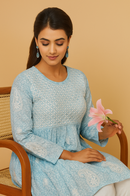 Lucknowi Chikankari Sky Blue 'Aab-e-Asmaan' Printed Cotton Short Kurti-T000017