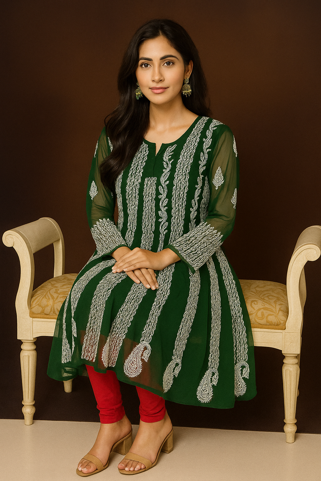 Lucknowi Chikankari Green 'Bahar' Georgette Anarkali-K000026