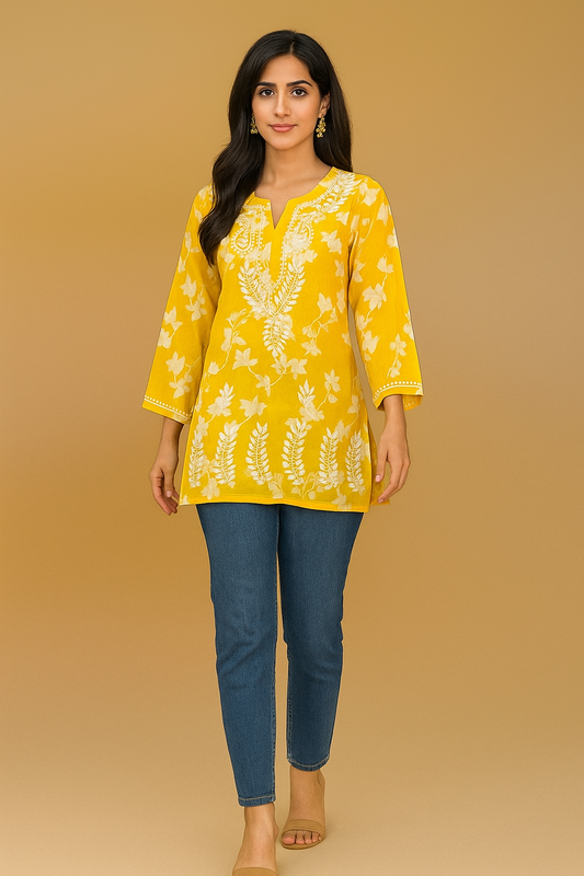 Lucknowi Chikankari Yellow 'Sunehri' Printed Cotton Short Kurti-T000019