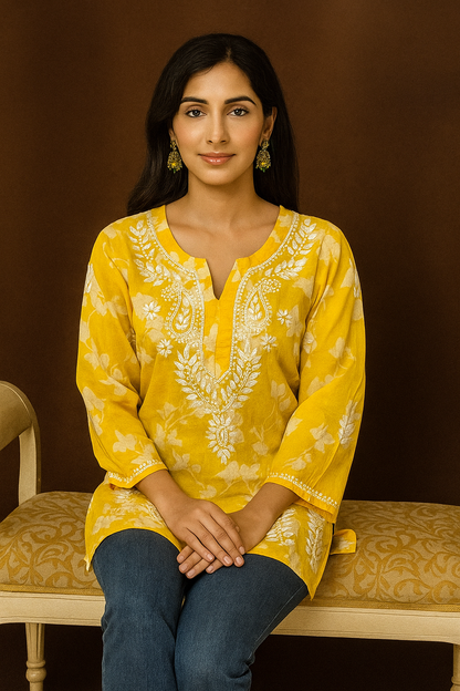 Lucknowi Chikankari Yellow 'Sunehri' Printed Cotton Short Kurti-T000019