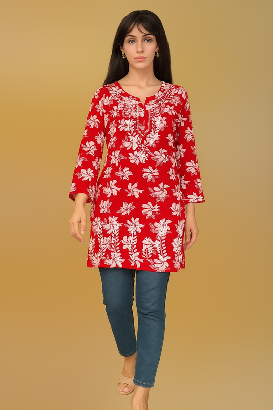 Lucknowi Chikankari Red 'Surkh' Printed Cotton Short Kurti-T000020